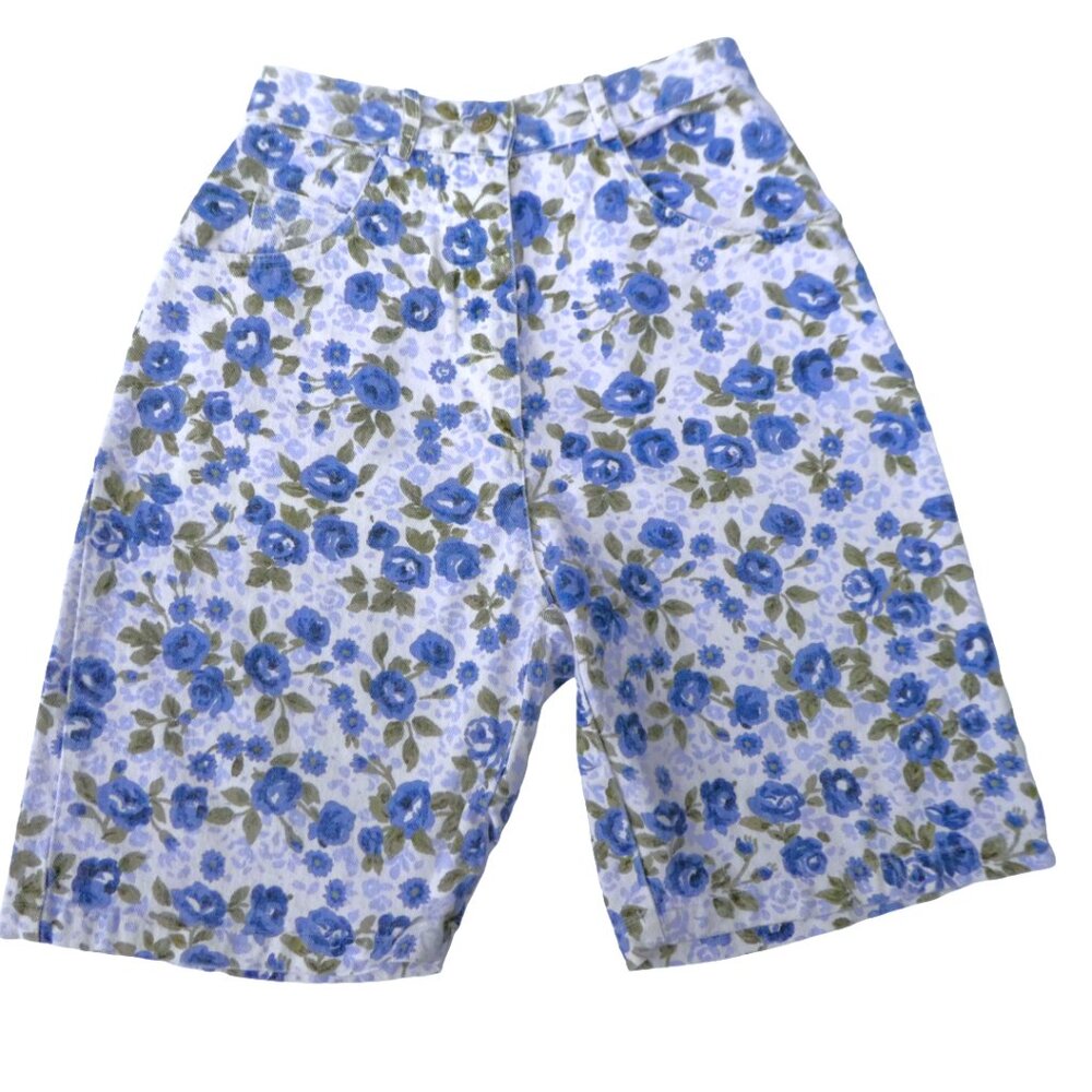 25x9 Vintage Erika Floral Denim Bermuda Shorts High Waist YKK Zip Fly Pockets - Picture 3 of 8